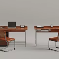 Home Office Setup with Brown Desks Chairs Laptop Books Clock and Decor Items