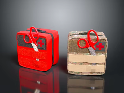 Red And Camouflage Medical First Aid Kits With Red Scissors And Cross Symbol 3d model