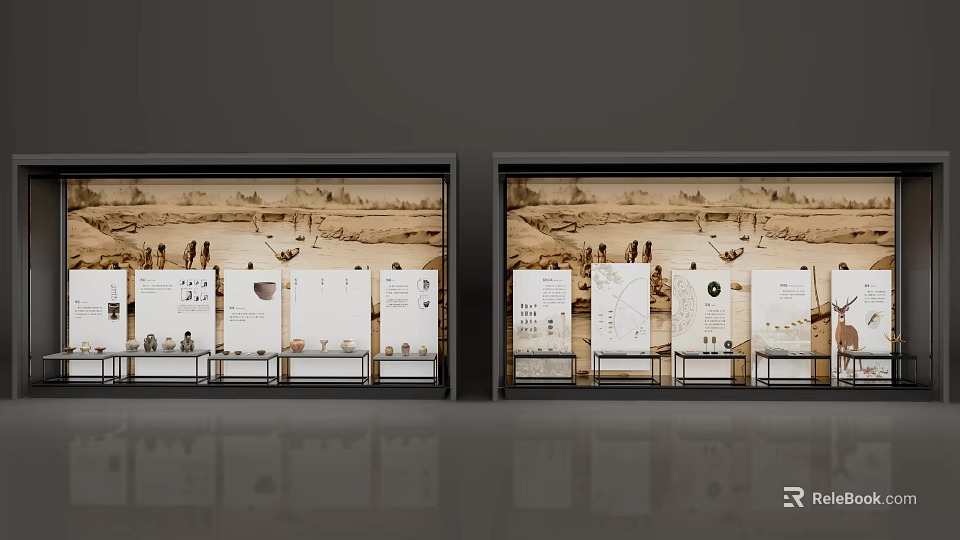 Historical Museum Display Cases Featuring Ancient Artifacts Information Panels And Maps 3d model