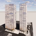 Twin Modern High Rise Buildings With Glass Curtain Walls And Urban Architecture Elements
