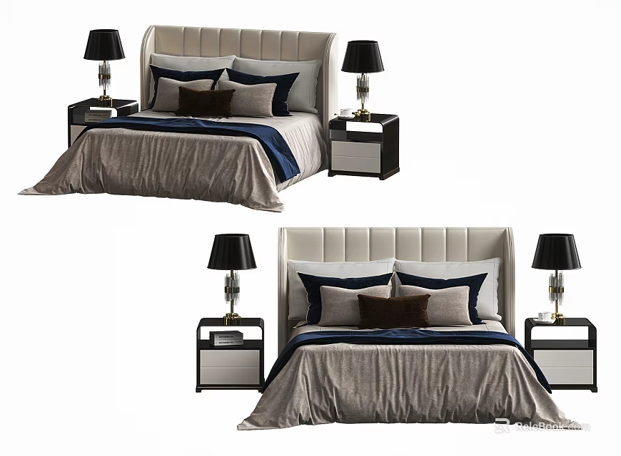 Modern Double Bed Interior With Bedside Tables Lamps And Decorative Bedding 3d model