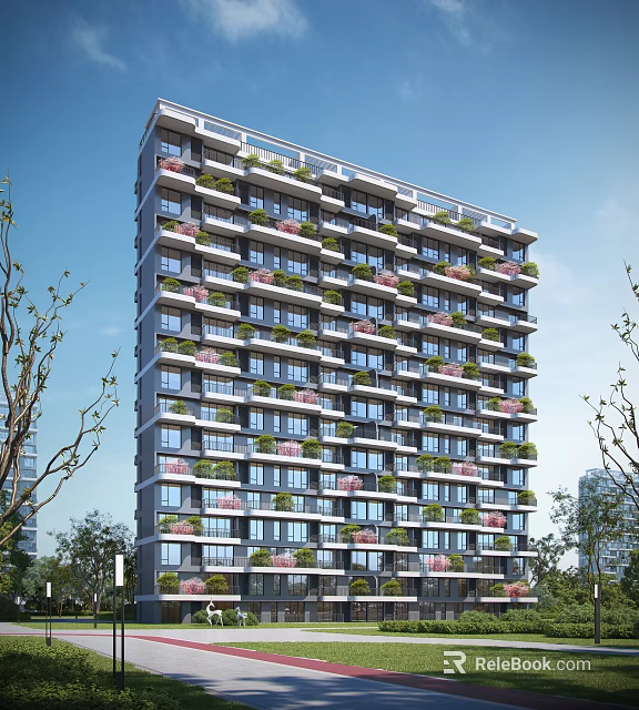 High Rise Residential Building With Balconies Green Plants And Pink Flowers Surrounded By Trees 3d model 