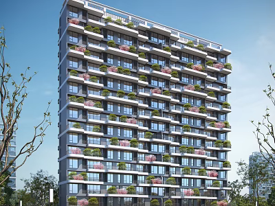 High Rise Residential Building With Balconies Green Plants And Pink Flowers Surrounded By Trees 3d model