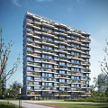 High Rise Residential Building With Balconies Green Plants And Pink Flowers Surrounded By Trees