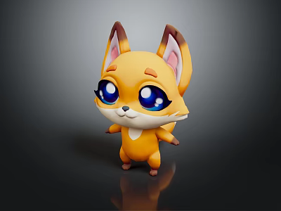 Cute 3D Cartoon Little Fox Game Movie Character With Yellow Fur And Big Blue Eyes 3d model