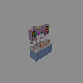 Colorful Kitchen Display With Purple Upper Blue Lower Cabinets Balloons Bunting Flags And Kitchenware