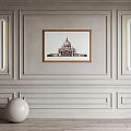 Elegant Modern Wall Wainscoting Design With Framed Artwork Wall Sconces And Spherical Decor 3d model