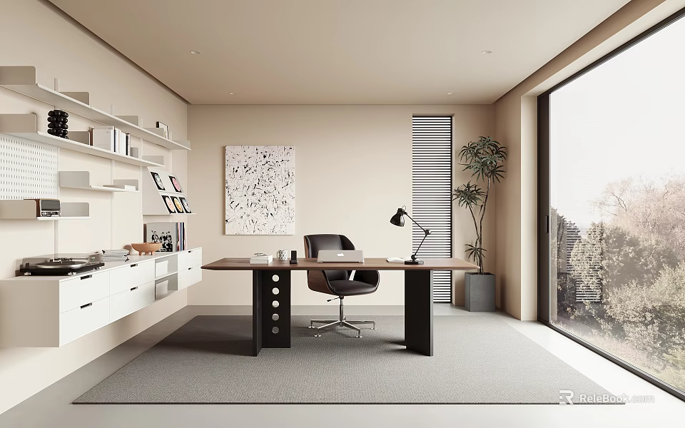 Modern Study Room Interior Design With Wooden Desk Black Chair Bookshelf Large Window And Green Plant Artwork 3d model 