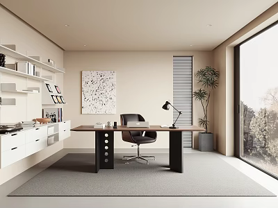 Modern Study Room Interior Design With Wooden Desk Black Chair Bookshelf Large Window And Green Plant Artwork 3d model