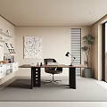 Modern Study Room Interior Design With Wooden Desk Black Chair Bookshelf Large Window And Green Plant Artwork