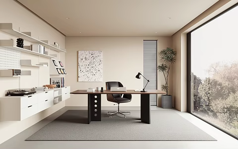 Modern Middle Ancient Study Middle Ancient Study Decoration Desk and Chair Bookshelf Potted Plant Partition Office Chair Desk Carpet 3d model