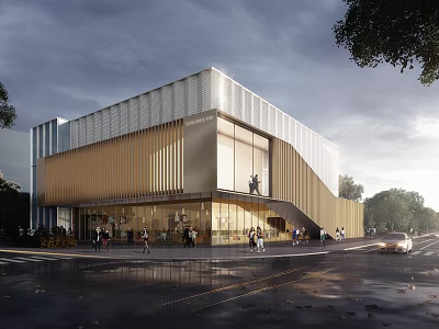Modern Residential Building Exterior With Glass Curtain Wall Metal Panels And Pedestrians On Urban Street 3d model