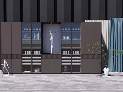 Elegant Modern Wine Cabinet With Glass Doors Display Shelves And Decorative Plants 3d model