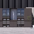 Elegant Modern Wine Cabinet With Glass Doors Display Shelves And Decorative Plants