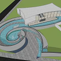 Modern Curved Architecture With Water Pool And Green Plants Under Cloudy Sky