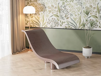 Modern Wooden Chaise Lounge with Floral Wallpaper Floor Lamp White Pot Plant and Wooden Floor 3d model