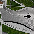 Modern Architecture Building With Streamlined Roof Metal Stripes Square Skylight And Landscaped Lawns Curved Paths