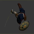 Traditional Warrior Man With Headscarf Holding Decorative Shield And Sword Against Gray Background
