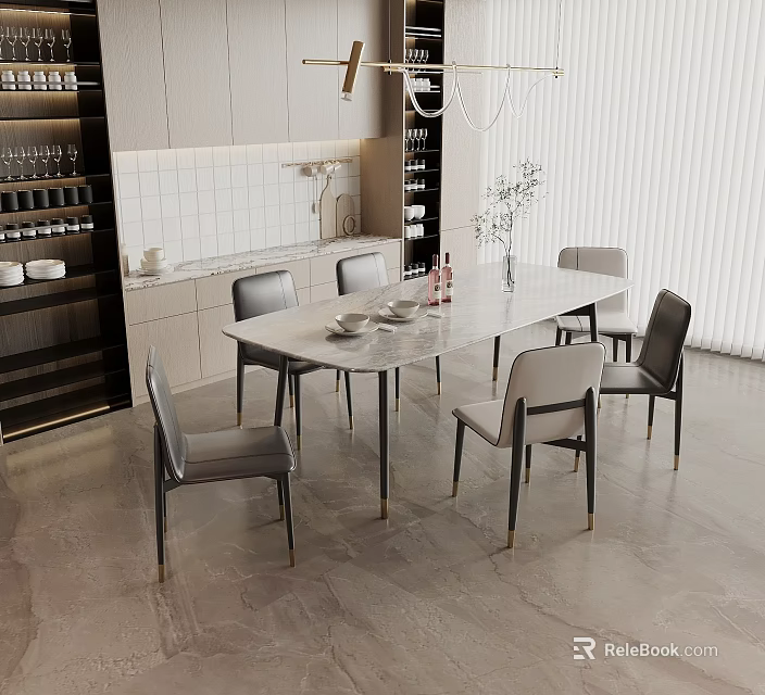 Modern Dining Table Set With Gray Leather Chairs And Metal Legs In Open Kitchen Interior 3d model 