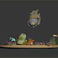 Enchanted Circular Sand Landscape with Colorful Rocks Plants Dinosaur Skull Fish and Flying Submarine