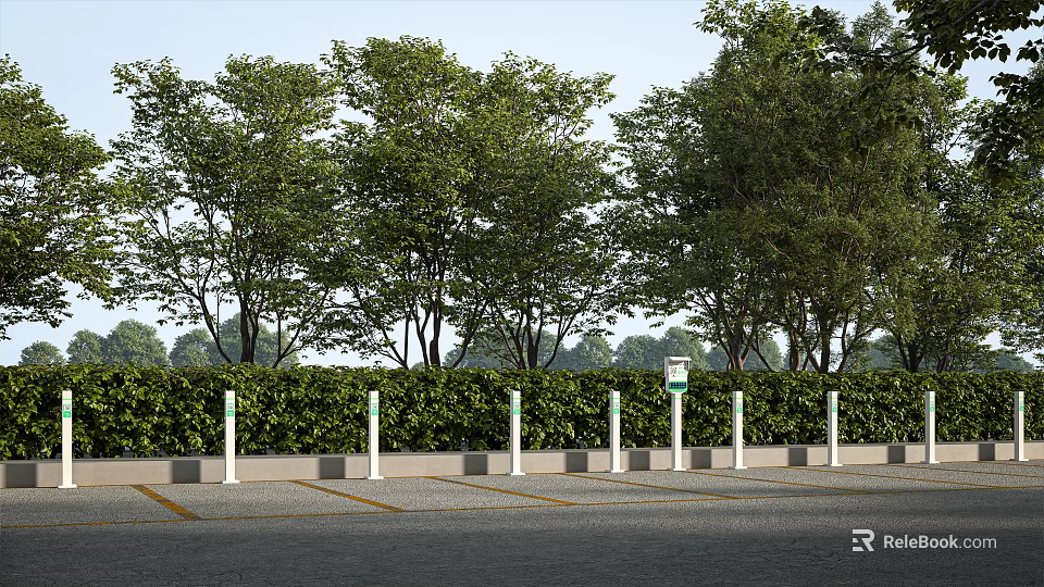 Urban Road Infrastructure With Traffic Bollards Green Hedge Trees And Parking Spaces 3d model 