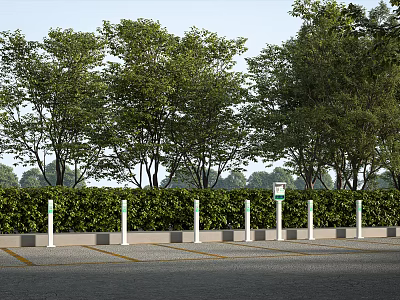 Urban Road Infrastructure With Traffic Bollards Green Hedge Trees And Parking Spaces 3d model
