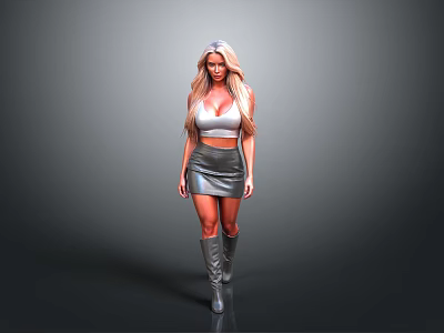 Woman with long blonde hair in silver top skirt and knee-high boots on gray background 3d model