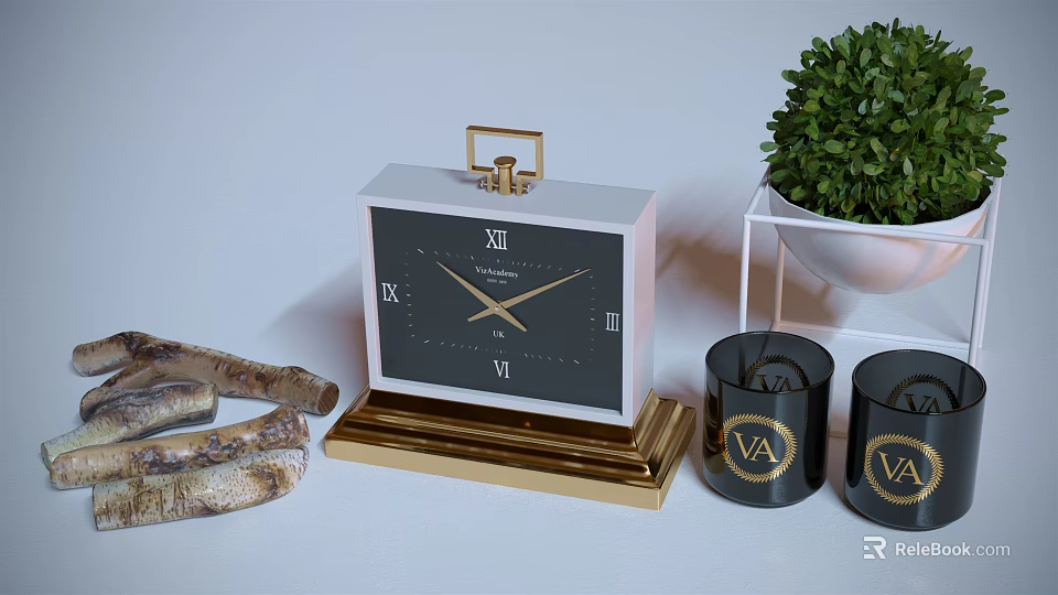 White And Gold Table Clock With Black Roman Numerals Green Plant Black Candles Wooden Branches 3d model 