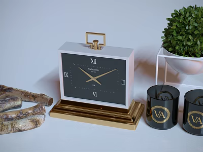 White And Gold Table Clock With Black Roman Numerals Green Plant Black Candles Wooden Branches 3d model