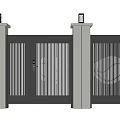 Modern Entrance Gate with Stone Pillars Lamps and Metal Slatted Design