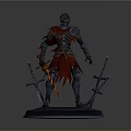 Armored Man Statue With Red Cape Holding Swords On Display Base