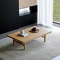 Minimalist Modern Wooden Coffee Table With White Sphere Book And Dark Tray On Gray Rug