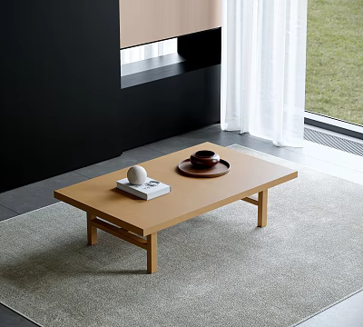 Minimalist Modern Wooden Coffee Table With White Sphere Book And Dark Tray On Gray Rug 3d model