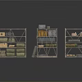Three Metal Storage Shelves With Boxes And Various Items Displayed