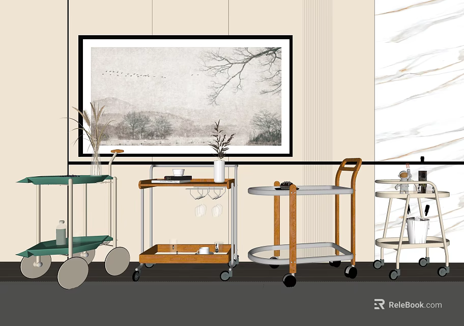 Various Stylish Carts In Modern Interior With Artwork And Marble Wall 3d model 