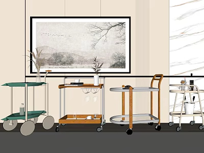 Various Stylish Carts In Modern Interior With Artwork And Marble Wall 3d model