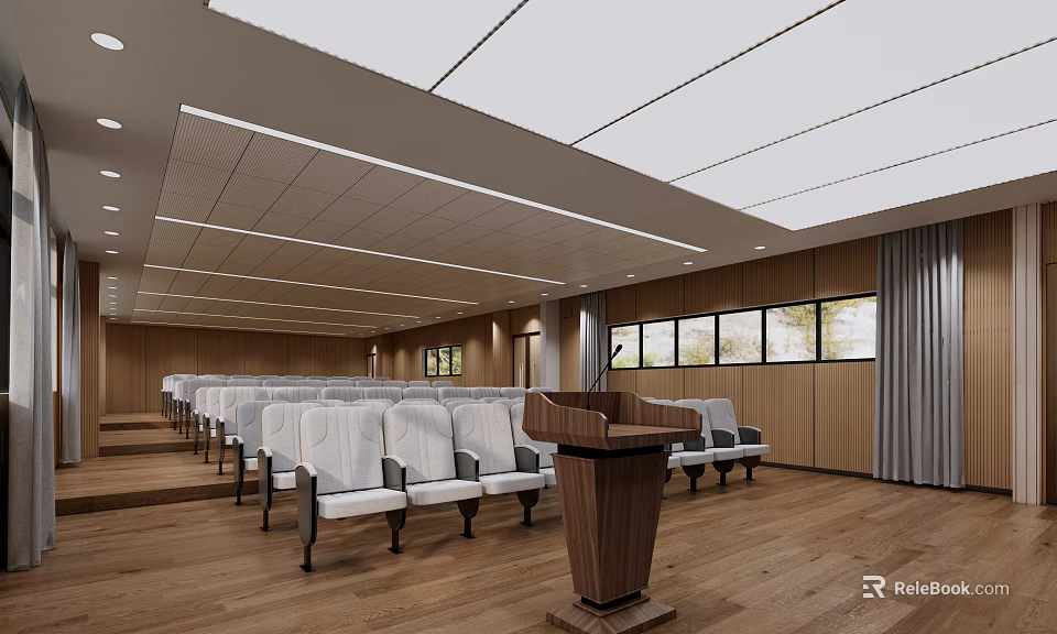 Office Conference Room Interior With Arranged White Seats Wooden Podium Wooden Walls and Ceiling Lights 3d model 