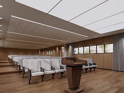 Office Conference Room Interior With Arranged White Seats Wooden Podium Wooden Walls and Ceiling Lights 3d model