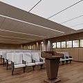 Office Conference Room Interior With Arranged White Seats Wooden Podium Wooden Walls and Ceiling Lights