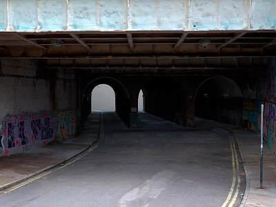 Modern Urban Underpass With Arched Tunnels Graffiti Covered Brick Walls And Paved Road 3d model