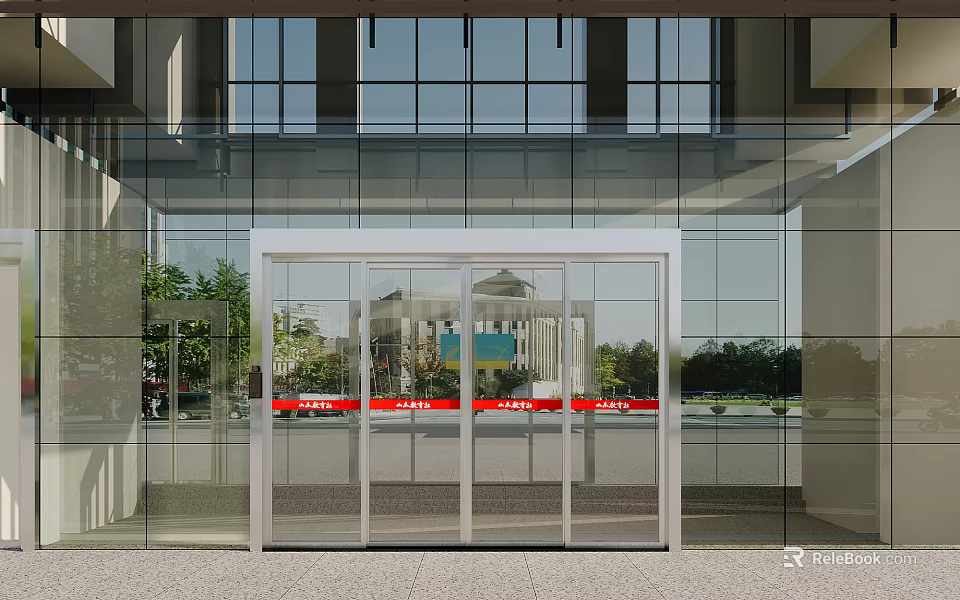 Automatic Glass Door Entrance With Glass Curtain Wall And Exterior Tree Reflection 3d model 