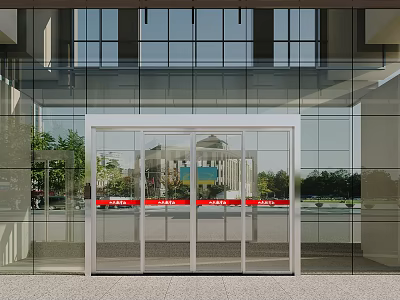 Automatic Glass Door Entrance With Glass Curtain Wall And Exterior Tree Reflection 3d model