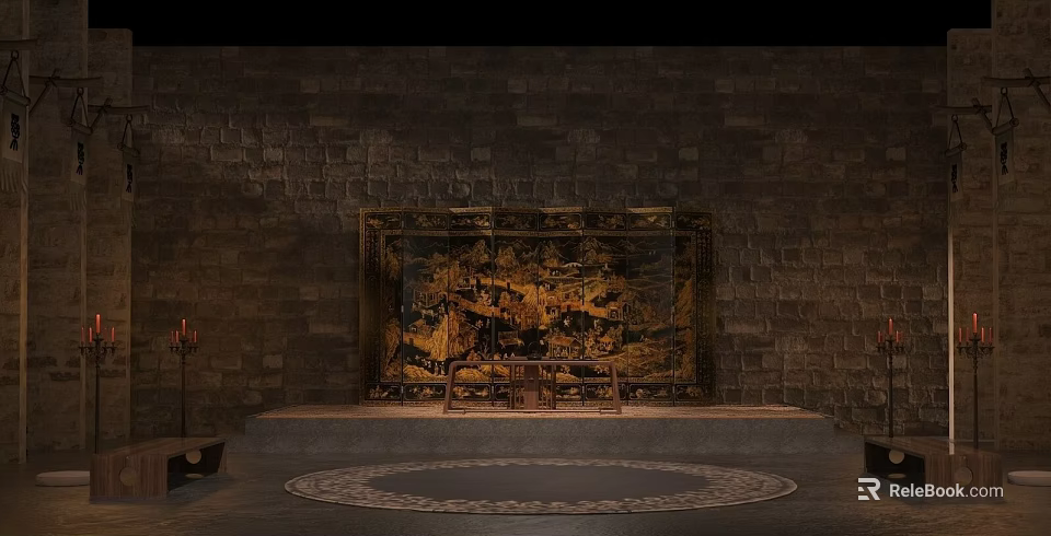 Traditional Interior Scene Featuring Stone Wall Large Decorative Panel Circular Rug And Lantern 3d model