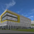 Modern Office Building With Glass Facade Yellow Accents White Exterior And Green Surroundings