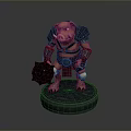 3D Boar Warrior Character In Armor Holding Spiked Hammer On Stone Pedestal