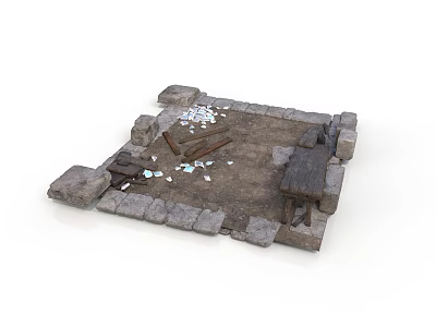 Rustic Wooden Bench in Stone Structure with Dirt Ground and Scattered Debris 3d model