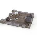 Rustic Wooden Bench in Stone Structure with Dirt Ground and Scattered Debris