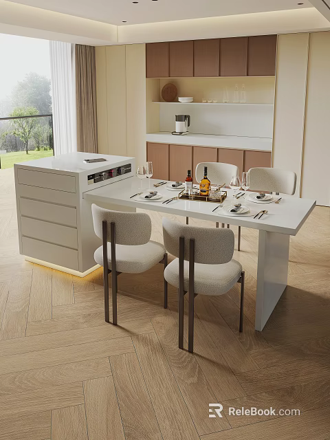 Modern Restaurant Interior With White Dining Table Four Chairs Tableware Wine Bottle And Open Kitchen 3d model