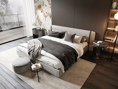 Elegant Modern Double Bed Bedroom Interior With Gray Bedding Wooden Floor And Floor-to-Ceiling Window 3d model