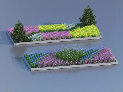 Vibrant Flower Beds With Colorful Flowers Green Grass And Small Trees In Rectangular Plots 3d model